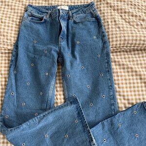 Zara Blue Straight Leg Jeans with Eyelet Detail